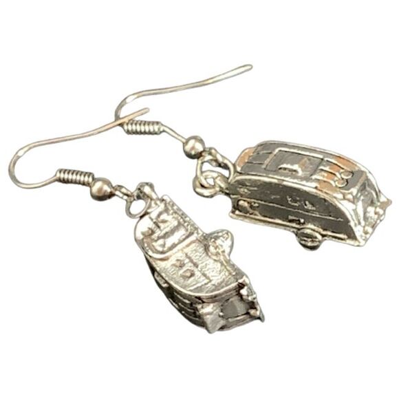 NEW Silver Vintage Happy Camper 3D Dangle Earrings Travel Trailer RV Detailed! - Picture 2 of 5